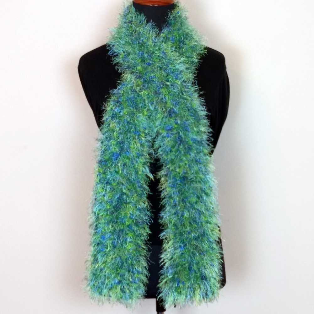Handmade Fuzzy Blue & Green Knit Scarf